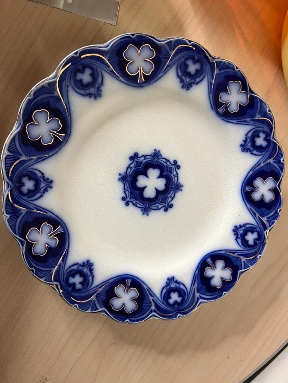 Victorian Antique Johnson Bros Flow Blue Savoy Plate 9” Clover Gold Pattern